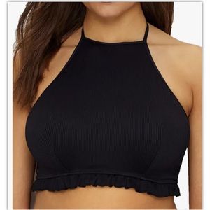 NWT! Freya Womens Sz 38D Black Ruffled Nouveau Underwire High Neck Bikini Top